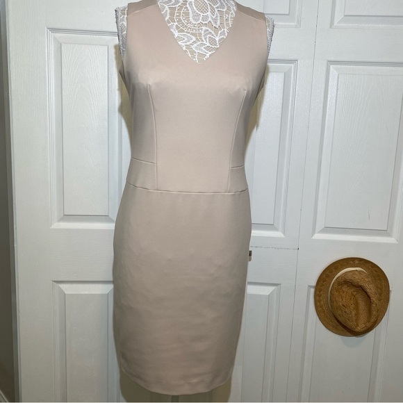 Katherine Barclay Montreal Beige Pencil Midi Dress Sleeveless Strech V-neck 4 - Picture 1 of 15